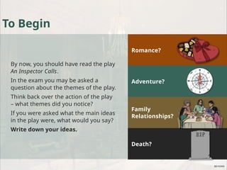 By now, you should have read the play
An Inspector Calls.
In the exam you may be asked a
question about the themes of the play.
Think back over the action of the play
– what themes did you notice?
If you were asked what the main ideas
in the play were, what would you say?
Write down your ideas.
To Begin
Romance?
Family
Relationships?
Adventure?
Death?
 