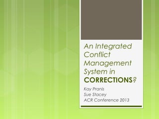 An Integrated
Conflict
Management
System in
CORRECTIONS?
Kay Pranis
Sue Stacey
ACR Conference 2013

 