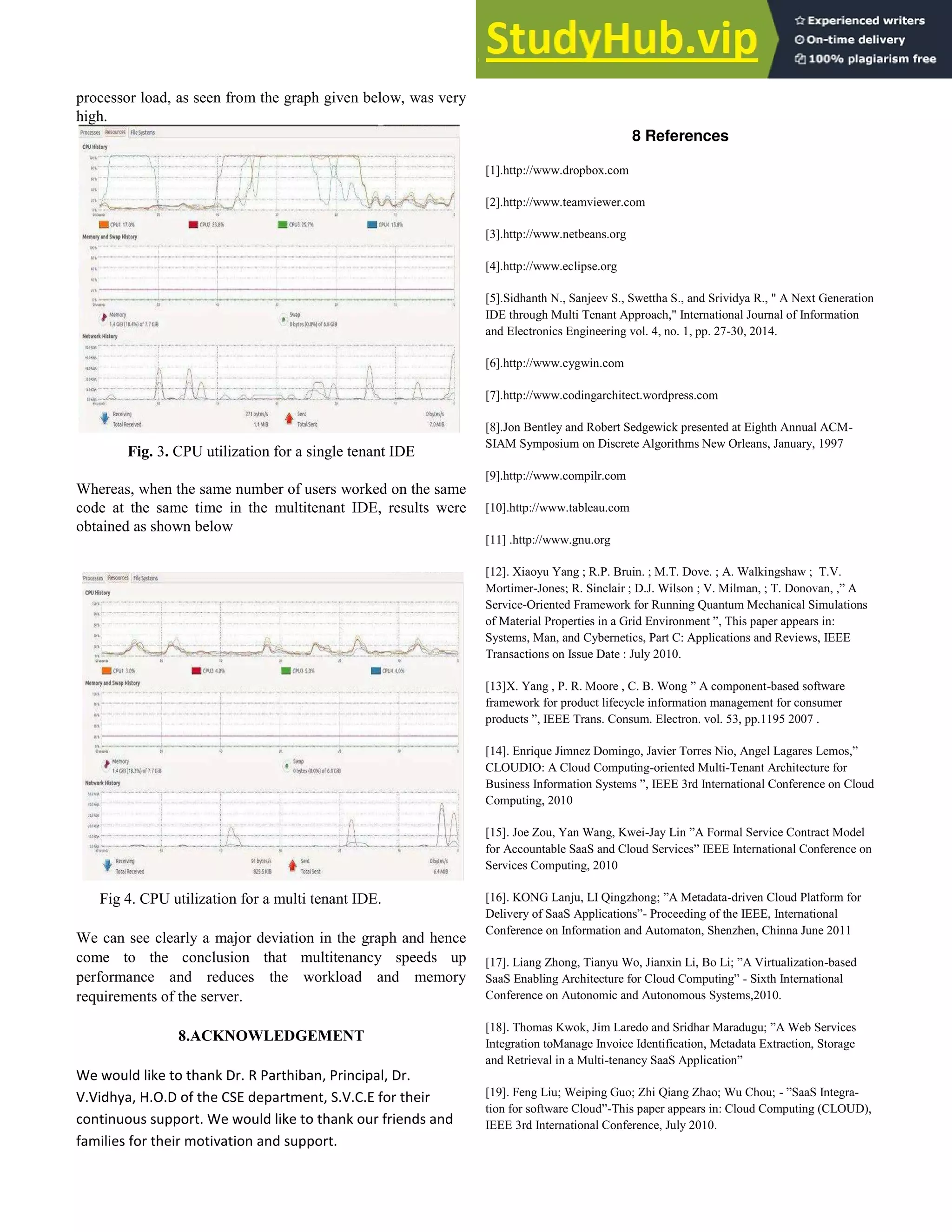 processor load, as seen from the graph given below, was very
high.
Fig. 3. CPU utilization for a single tenant IDE
Whereas, when the same number of users worked on the same
code at the same time in the multitenant IDE, results were
obtained as shown below
Fig 4. CPU utilization for a multi tenant IDE.
We can see clearly a major deviation in the graph and hence
come to the conclusion that multitenancy speeds up
performance and reduces the workload and memory
requirements of the server.
8.ACKNOWLEDGEMENT
We would like to thank Dr. R Parthiban, Principal, Dr.
V.Vidhya, H.O.D of the CSE department, S.V.C.E for their
continuous support. We would like to thank our friends and
families for their motivation and support.
8 References
[1].http://www.dropbox.com
[2].http://www.teamviewer.com
[3].http://www.netbeans.org
[4].http://www.eclipse.org
[5].Sidhanth N., Sanjeev S., Swettha S., and Srividya R., " A Next Generation
IDE through Multi Tenant Approach," International Journal of Information
and Electronics Engineering vol. 4, no. 1, pp. 27-30, 2014.
[6].http://www.cygwin.com
[7].http://www.codingarchitect.wordpress.com
[8].Jon Bentley and Robert Sedgewick presented at Eighth Annual ACM-
SIAM Symposium on Discrete Algorithms New Orleans, January, 1997
[9].http://www.compilr.com
[10].http://www.tableau.com
[11] .http://www.gnu.org
[12]. Xiaoyu Yang ; R.P. Bruin. ; M.T. Dove. ; A. Walkingshaw ; T.V.
Mortimer-Jones; R. Sinclair ; D.J. Wilson ; V. Milman, ; T. Donovan, ,” A
Service-Oriented Framework for Running Quantum Mechanical Simulations
of Material Properties in a Grid Environment ”, This paper appears in:
Systems, Man, and Cybernetics, Part C: Applications and Reviews, IEEE
Transactions on Issue Date : July 2010.
[13]X. Yang , P. R. Moore , C. B. Wong ” A component-based software
framework for product lifecycle information management for consumer
products ”, IEEE Trans. Consum. Electron. vol. 53, pp.1195 2007 .
[14]. Enrique Jimnez Domingo, Javier Torres Nio, Angel Lagares Lemos,”
CLOUDIO: A Cloud Computing-oriented Multi-Tenant Architecture for
Business Information Systems ”, IEEE 3rd International Conference on Cloud
Computing, 2010
[15]. Joe Zou, Yan Wang, Kwei-Jay Lin ”A Formal Service Contract Model
for Accountable SaaS and Cloud Services” IEEE International Conference on
Services Computing, 2010
[16]. KONG Lanju, LI Qingzhong; ”A Metadata-driven Cloud Platform for
Delivery of SaaS Applications”- Proceeding of the IEEE, International
Conference on Information and Automaton, Shenzhen, Chinna June 2011
[17]. Liang Zhong, Tianyu Wo, Jianxin Li, Bo Li; ”A Virtualization-based
SaaS Enabling Architecture for Cloud Computing” - Sixth International
Conference on Autonomic and Autonomous Systems,2010.
[18]. Thomas Kwok, Jim Laredo and Sridhar Maradugu; ”A Web Services
Integration toManage Invoice Identification, Metadata Extraction, Storage
and Retrieval in a Multi-tenancy SaaS Application”
[19]. Feng Liu; Weiping Guo; Zhi Qiang Zhao; Wu Chou; - ”SaaS Integra-
tion for software Cloud”-This paper appears in: Cloud Computing (CLOUD),
IEEE 3rd International Conference, July 2010.
 