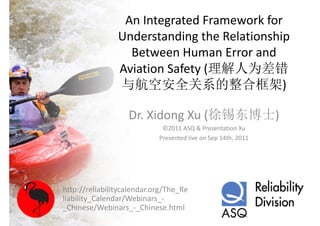An Integrated Framework for 
                        g
                Understanding the Relationship 
                  Between Human Error and 
                  B t       H      E      d
                Aviation Safety (理解人为差错
                与航空安全关系的整合框架)

                   Dr. Xidong Xu (徐锡东博士)
                             ©2011 ASQ & Presentation Xu
                            Presented live on Sep 14th, 2011




http://reliabilitycalendar.org/The_Re
liability_Calendar/Webinars_
liability Calendar/Webinars ‐
_Chinese/Webinars_‐_Chinese.html
 