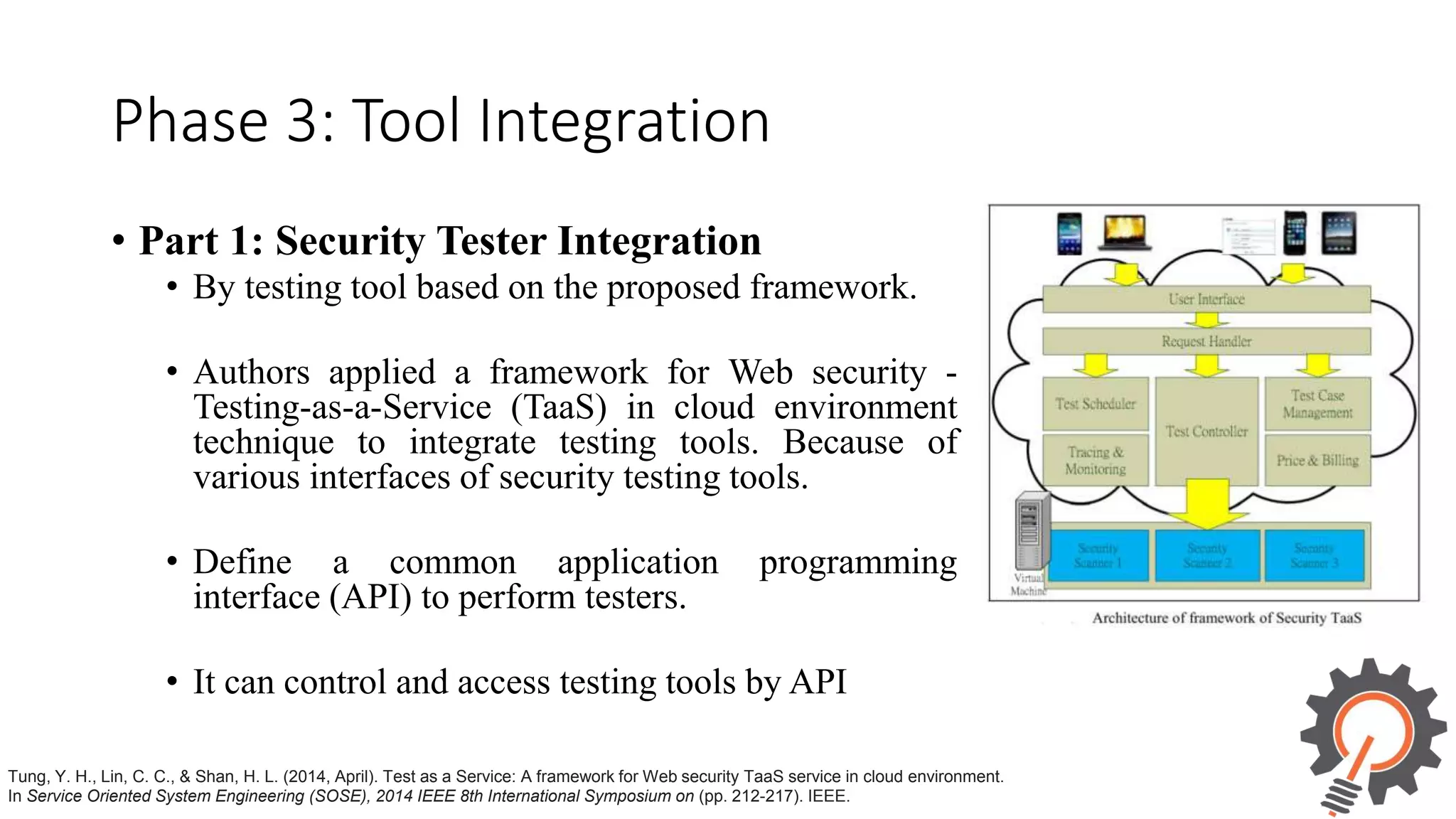 Phase 3: Tool Integration • Part 1: Security Tester Integration • By testing tool based on the proposed framework. • Authors applied a framework for Web security - Testing-as-a-Service (TaaS) in cloud environment technique to integrate testing tools. Because of various interfaces of security testing tools. • Define a common application programming interface (API) to perform testers. • It can control and access testing tools by API Tung, Y. H., Lin, C. C., & Shan, H. L. (2014, April). Test as a Service: A framework for Web security TaaS service in cloud environment. In Service Oriented System Engineering (SOSE), 2014 IEEE 8th International Symposium on (pp. 212-217). IEEE. 