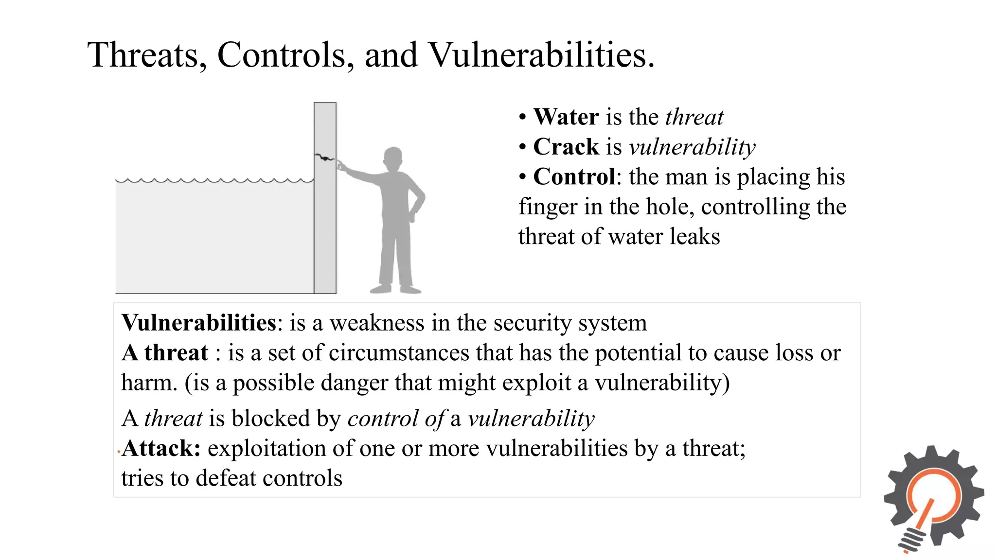 Threats, Controls, and Vulnerabilities. • Water is the threat • Crack is vulnerability • Control: the man is placing his finger in the hole, controlling the threat of water leaks . Vulnerabilities: is a weakness in the security system A threat : is a set of circumstances that has the potential to cause loss or harm. (is a possible danger that might exploit a vulnerability) A threat is blocked by control of a vulnerability Attack: exploitation of one or more vulnerabilities by a threat; tries to defeat controls 