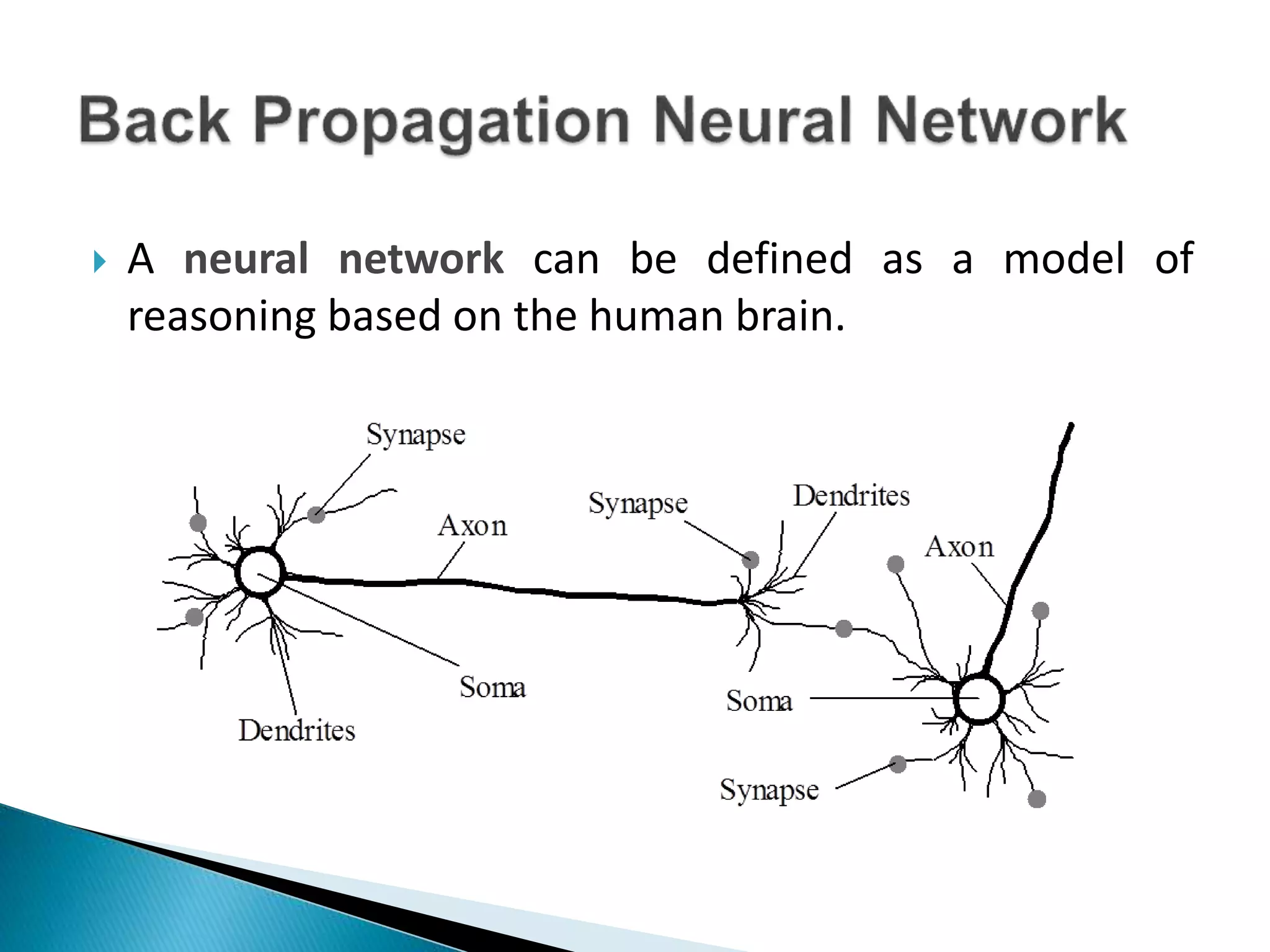  A neural network can be defined as a model of
reasoning based on the human brain.
 