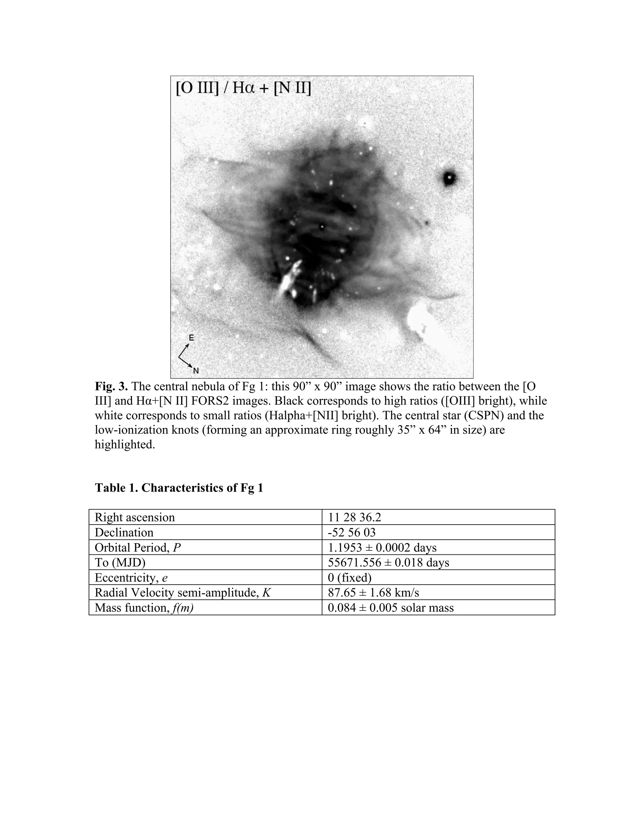Fig. 3. The central nebula of Fg 1: this 90” x 90” image shows the ratio between the [O
III] and Hα+[N II] FORS2 images. Black corresponds to high ratios ([OIII] bright), while
white corresponds to small ratios (Halpha+[NII] bright). The central star (CSPN) and the
low-ionization knots (forming an approximate ring roughly 35” x 64” in size) are
highlighted.


Table 1. Characteristics of Fg 1

Right ascension                              11 28 36.2
Declination                                  -52 56 03
Orbital Period, P                            1.1953 ± 0.0002 days
To (MJD)                                     55671.556 ± 0.018 days
Eccentricity, e                              0 (fixed)
Radial Velocity semi-amplitude, K            87.65 ± 1.68 km/s
Mass function, f(m)                          0.084 ± 0.005 solar mass
 
