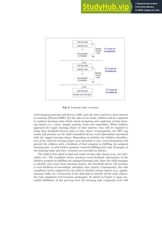 Successfully
Completed
Learning task
Identify color
Yes
No
Learning task
Identify type
Successfully
Completed
Learning task
Identify color and type
Yes
No
1st Level of
Complexity
2nd Level of
Complexity
3rd Level of
Complexity
Repeat
similar
task
Repeat
similar
task
Fig. 2. Learning tasks’ scenarios.
of developing numerals and literacy skills, and also have started to show interest
in counting (Ormrod 2009). For the sake of our study, children will be requested
to perform learning tasks which entail navigating and exploring certain learn-
ing objects (i.e., colors, shapes, animals, fruits and vegetables). When children
approach the target learning object of their interest, they will be required to
bring their handheld devices close to that object. Consequently, the NFC tag
reader will produce on the child’s handheld device vocal information associated
with the tagged learning object. Depending on whether the children identifica-
tion of the selected learning object was successful or not; vocal information will
provide the children with a feedback of their progress in fulfilling the assigned
learning task, or with further guidance towards fulfilling that task. Examples of
the learning tasks and their scenarios are provided as follows:
The child is first asked to find and count certain color objects (e.g. red, blue,
yellow etc). The handheld device produces vocal feedback information of the
children progress in fulfilling the assigned learning task. Once the child manages
to identify and count those learning objects, the handheld device will produce
a vocal feedback of successfully identified color objects. Consequently, the task
complexity level is adjusted for the child to identify certain objects (e.g., apples,
bananas, balls, etc). Conversely, if the child fails to identify all the color objects,
the task complexity level remains unchanged. As shown in Figure 2, upon suc-
cessful fulfillment of the previous level the learning task complexity level will
 