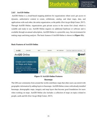 21
2.4.5 ArcGIS Online
ArcGIS Online is a cloud-based mapping platform for organizations where users get access to
dynamic, authoritative content to create, collaborate, catalog, and share maps, data, and
applications with each other, the entire organization, or the public (Esri Arcgis Help Center, 2017).
Through ArcGIS Online, organizations gain private access to the secure Esri cloud, which is
scalable and ready to use. ArcGIS Online requires no additional hardware or software and is
available through an annual subscription. ArcGIS Online is a powerful, easy, fun environment for
making maps and doing analysis. The basic features if ArcGIS Online is shown in (Figure 11);
Basic Features of ArcGIS Online
Figure 11 ArcGIS Online Features
Basemaps
The GIS user community from around the world contributes maps that other users can enrich with
geographic information by adding layers to basemaps. ArcGIS Online comes with already installed
basemaps, demographic maps, imagery and map layers that become good foundations for users
when working on maps. ArcGIS Online also includes a collection of maps on topics related to
people, earth and life (Esri Arcgis Help Center, 2017).
 