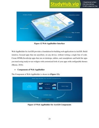 23
Figure 12 Web AppBuilder Interface
Web AppBuilder for ArcGIS provides a foundation for building web applications in ArcGIS. Build
intuitive, focused apps that run anywhere, on any device, without writing a single line of code.
Create HTML/JavaScript apps that run on desktops, tablets, and smartphones and build the apps
you need using ready-to-use widgets with customized look of your apps with configurable themes
(Moore, 2016).
 Components of Web AppBuilder
The Component of Web AppBuilder is shown in (Figure 13);
Figure 13 Web AppBuilder for ArcGIS Components
 