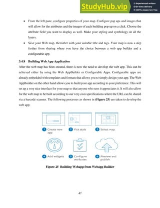 47
 From the left pane, configure properties of your map. Configure pop ups and images that
will allow for the attributes and the images of each building pop up on a click. Choose the
attribute field you want to display as well. Make your styling and symbology on all the
layers.
 Save your Web map, thereafter with your suitable title and tags. Your map is now a step
further from sharing where you have the choice between a web app builder and a
configurable app.
3.4.8 Building Web App Application
After the web map has been created, there is now the need to develop the web app. This can be
achieved either by using the Web AppBuilder or Configurable Apps. Configurable apps are
already embedded with templates and formats that allows you to simply design your app. The Web
AppBuilder on the other hand allows you to build your app according to your preference. This will
set up a very nice interface for your map so that anyone who sees it appreciates it. It will also allow
for the web map to be built according to our very own specifications where the URL can be shared
via a barcode scanner. The following processes as shown in (Figure 25) are taken to develop the
web app;
Figure 25 Building Webapp from Webapp Builder
 