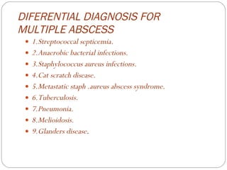 DIFERENTIAL DIAGNOSIS FOR MULTIPLE ABSCESS 1.Streptococcal septicemia. 2.Anaerobic bacterial infections. 3.Staphylococcus aureus infections. 4.Cat scratch disease. 5.Metastatic staph .aureus abscess syndrome. 6.Tuberculosis. 7.Pneumonia. 8.Melioidosis. 9.Glanders disease . 