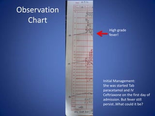 Observation
  Chart
                 High grade
                 fever!




              Initial Management:
              She was started Tab
              paracetamol and IV
              Ceftriaxone on the first day of
              admission. But fever still
              persist..What could it be?
 