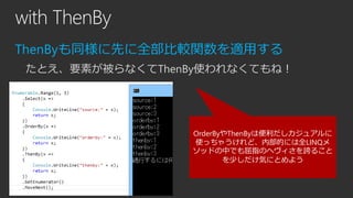 with ThenBy
ThenByも同様に先に全部比較関数を適用する
たとえ、要素が被らなくてThenBy使われなくてもね！

OrderByやThenByは便利だしカジュアルに
使っちゃうけれど、内部的には全LINQメ
ソッドの中でも屈指のヘヴィさを誇ること
を少しだけ気にとめよう

 