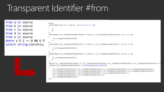 Transparent Identifier #from
from a in source
from b in source
from c in source
from d in source
from e in source
where a % 2 == 0 && b % 2 == 0 && c % 2 == 0
select string.Concat(a, b, c, d, e);

 