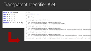 Transparent Identifier #let
from x in source
let a = x + x
let b = x - x
let c = x / x
let d = x * x
select a + b + c + d;

 