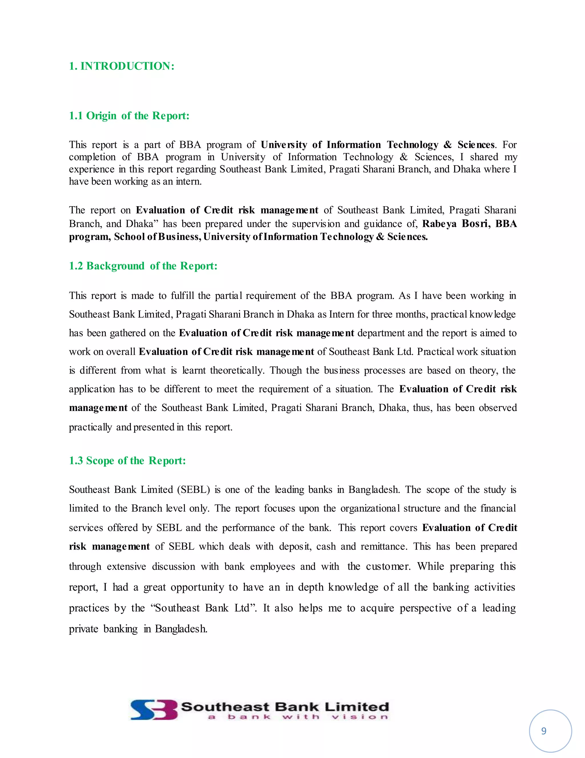 An internship report on evaluation of credit risk management | DOCX