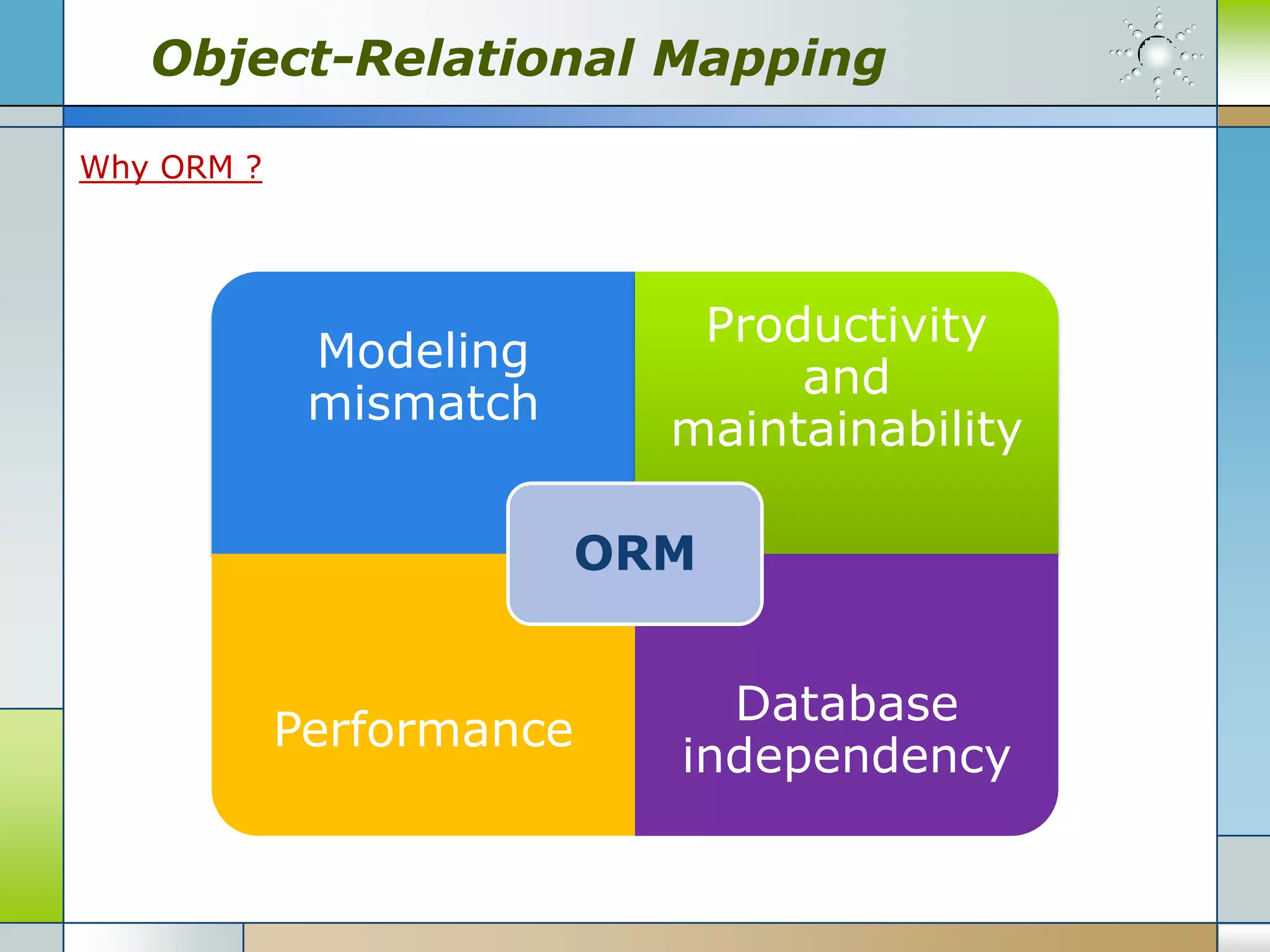 Object-Relational Mapping

Why ORM ?




                             Productivity
             Modeling
                                 and
             mismatch
                            maintainability

                          ORM


                              Database
            Performance
                            independency
 