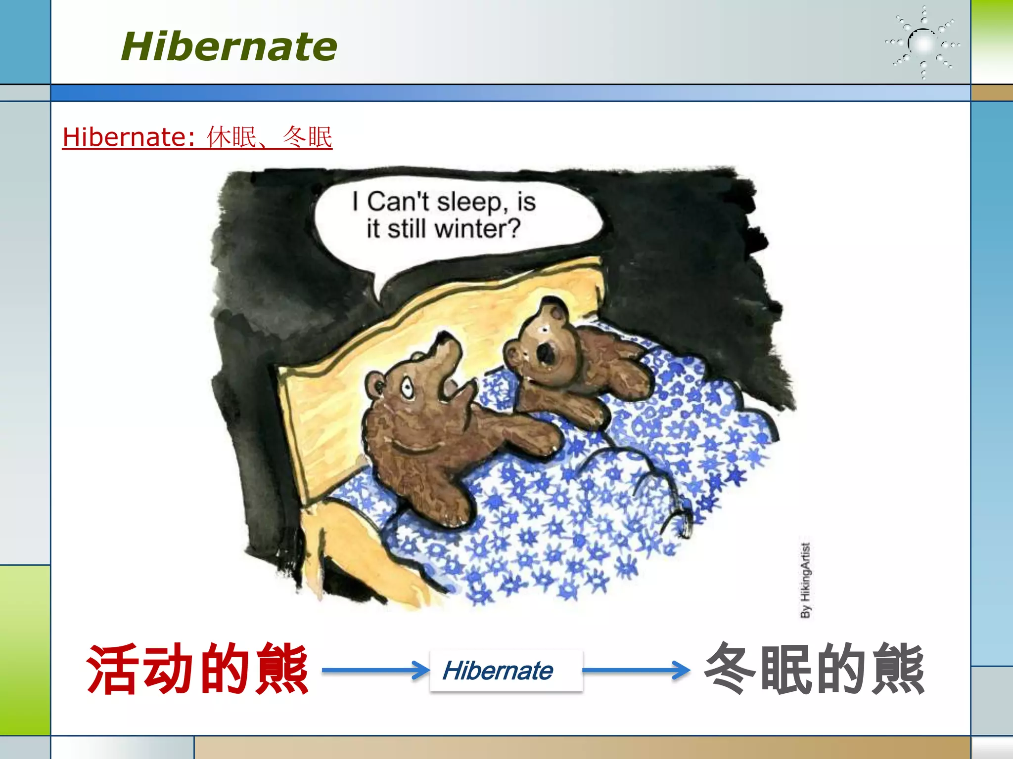 Hibernate

Hibernate: 休眠、冬眠




 活动的熊              Hibernate   冬眠的熊
 