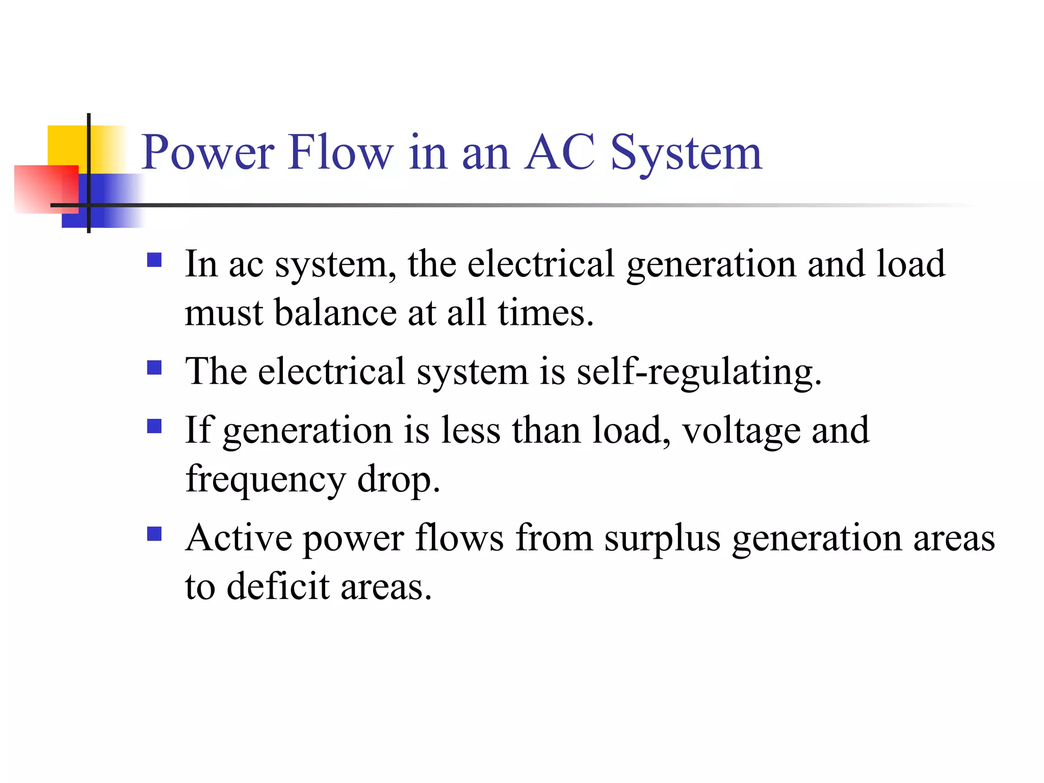 Power Flow in an AC System
   In ac system, the electrical generation and load
    must balance at all times.
   The electrical system is self-regulating.
   If generation is less than load, voltage and
    frequency drop.
   Active power flows from surplus generation areas
    to deficit areas.
 