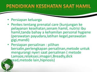 • Persiapan keluarga
• Penkes tentang prenatal care (kunjungan ke
  pelayanan kesehatan,senam hamil, nutrisi ibu
  hamil,tanda bahay a kehamilan personal hygiene
  (perawatan payudara,latihan kegel,perawatan
  gigi,mandi)
• Persiapan persalinan : pilihan
  bersalin,perlengkapan persalinan,metode untuk
  mengurangi nyeri saat persalinan ( metode
  Lamaze,relaksasi,imageri,Breadly,dick
  read,metode lain,hipnosis)
 