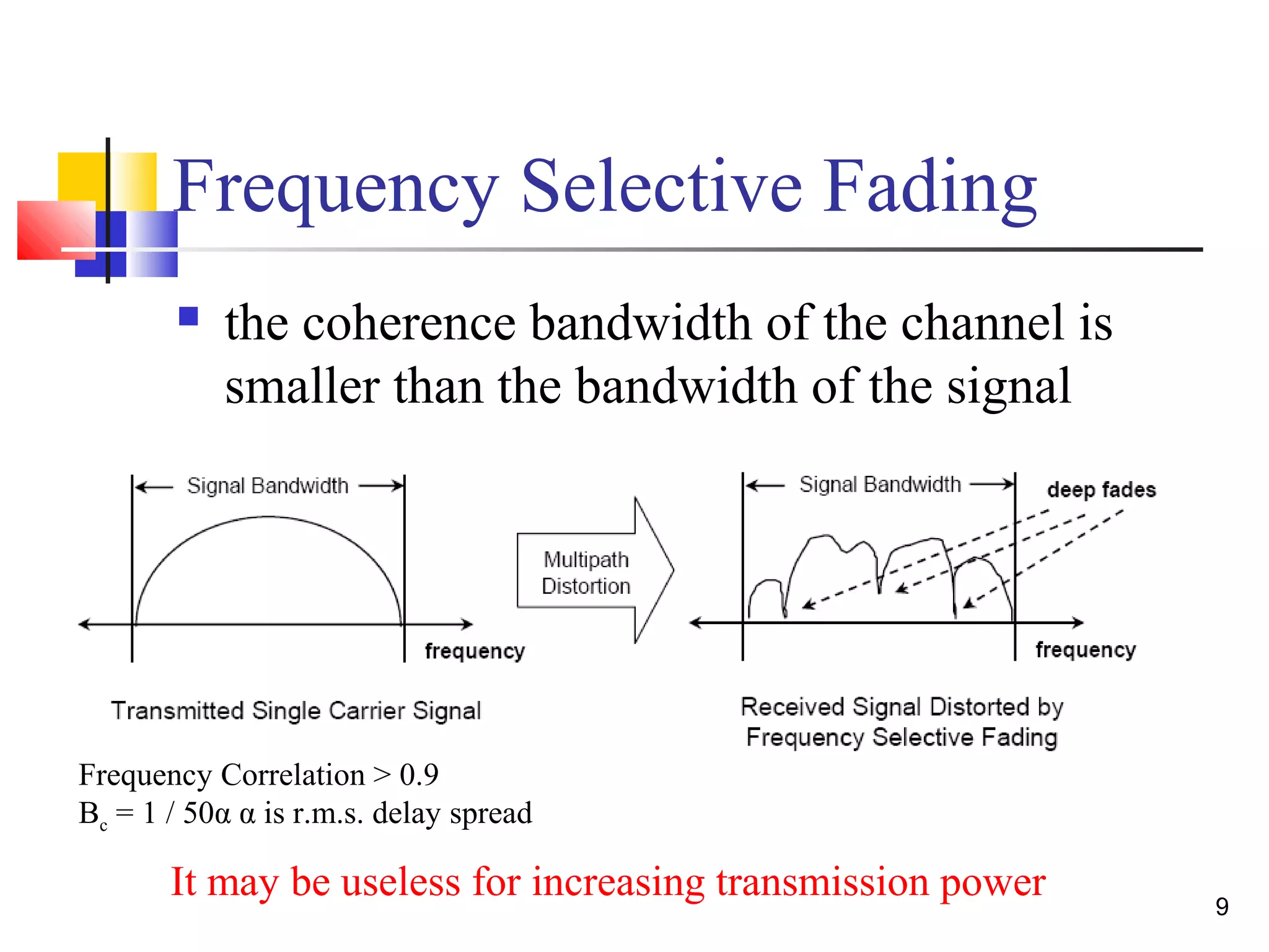 9 
Frequency Selective Fading 
 the coherence bandwidth of the channel is 
smaller than the bandwidth of the signal 
Frequency Correlation > 0.9 
Bc = 1 / 50α α is r.m.s. delay spread 
It may be useless for increasing transmission power 
 
