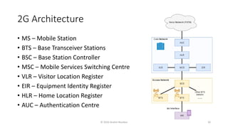 2G Architecture
• MS – Mobile Station
• BTS – Base Transceiver Stations
• BSC – Base Station Controller
• MSC – Mobile Services Switching Centre
• VLR – Visitor Location Register
• EIR – Equipment Identity Register
• HLR – Home Location Register
• AUC – Authentication Centre
© 2020 Andrei Novikov 26
 