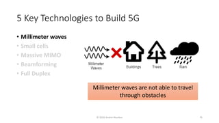 5 Key Technologies to Build 5G
• Millimeter waves
• Small cells
• Massive MIMO
• Beamforming
• Full Duplex
Millimeter waves are not able to travel
through obstacles
© 2020 Andrei Novikov 76
 