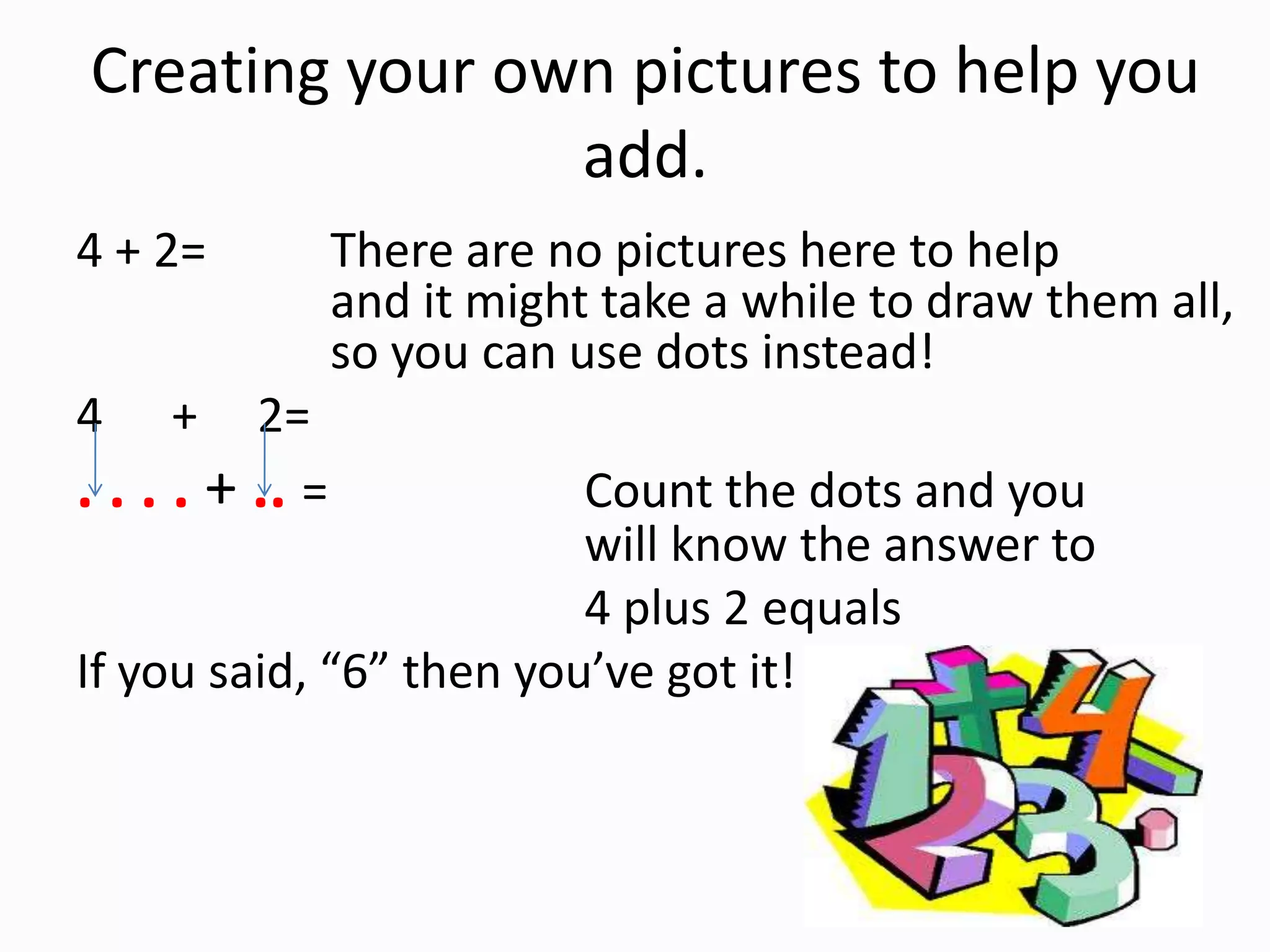Creating your own pictures to help you add.4 + 2=	There are no pictures here to help 				and it might take a while to draw them all, 		so you can use dots instead!4	    +     2=. . . . + ..= 		Count the dots and you 					will know the answer to					4 plus 2 equals If you said, “6” then you’ve got it!  
