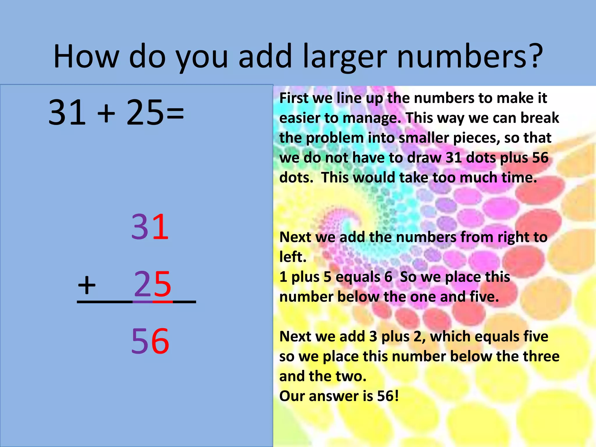 How do you add larger numbers?31 + 25= 	31+    2556First we line up the numbers to make it easier to manage. This way we can break the problem into smaller pieces, so that we do not have to draw 31 dots plus 56 dots.  This would take too much time.  Next we add the numbers from right to left.1 plus 5 equals 6  So we place this number below the one and five. Next we add 3 plus 2, which equals five so we place this number below the three and the two.Our answer is 56!