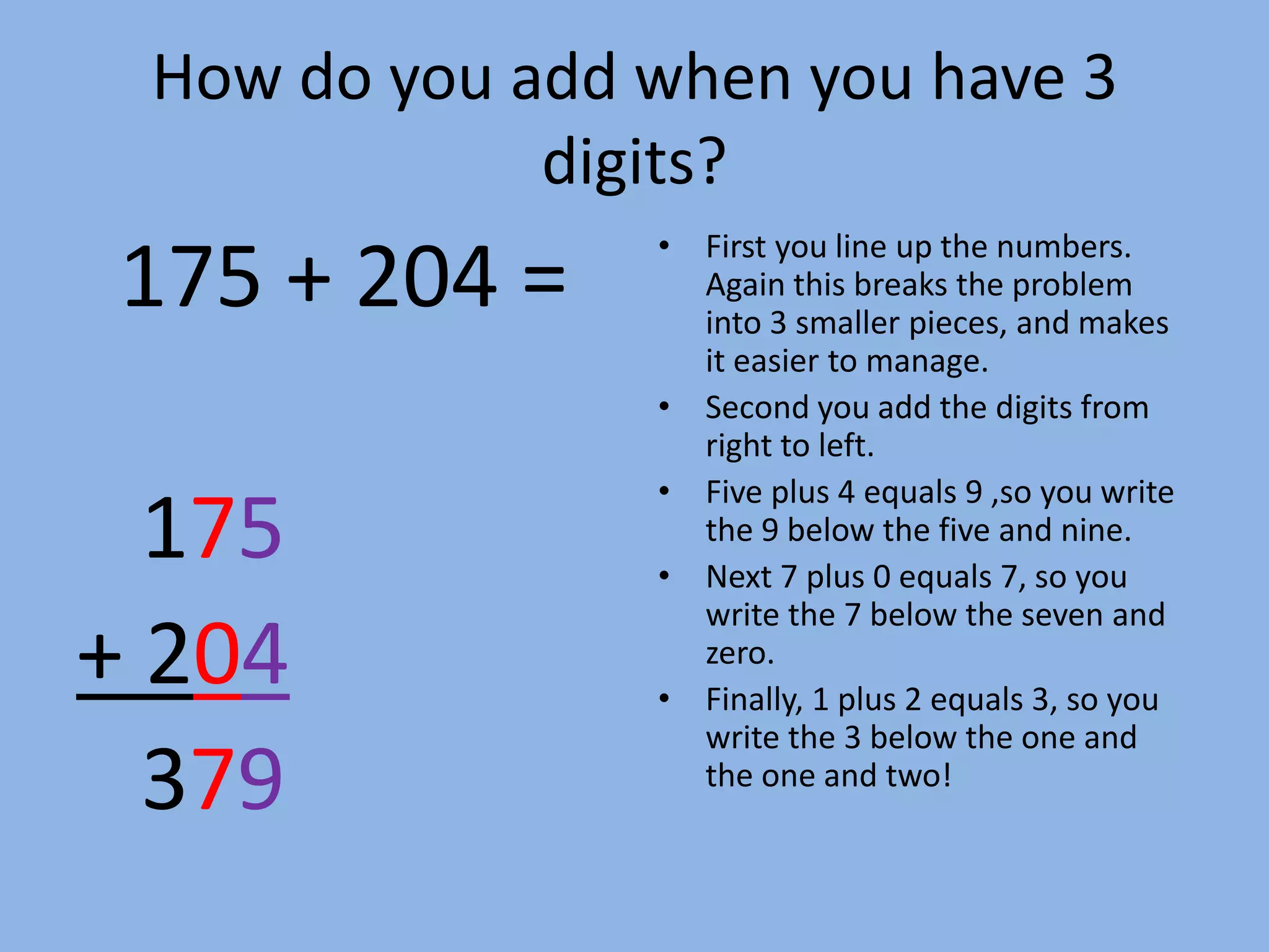 How do you add when you have 3 digits?  175 + 204 =    175+ 204   379First you line up the numbers. Again this breaks the problem into 3 smaller pieces, and makes it easier to manage.Second you add the digits from right to left.Five plus 4 equals 9 ,so you write the 9 below the five and nine.Next 7 plus 0 equals 7, so you write the 7 below the seven and zero.Finally, 1 plus 2 equals 3, so you write the 3 below the one and the one and two!