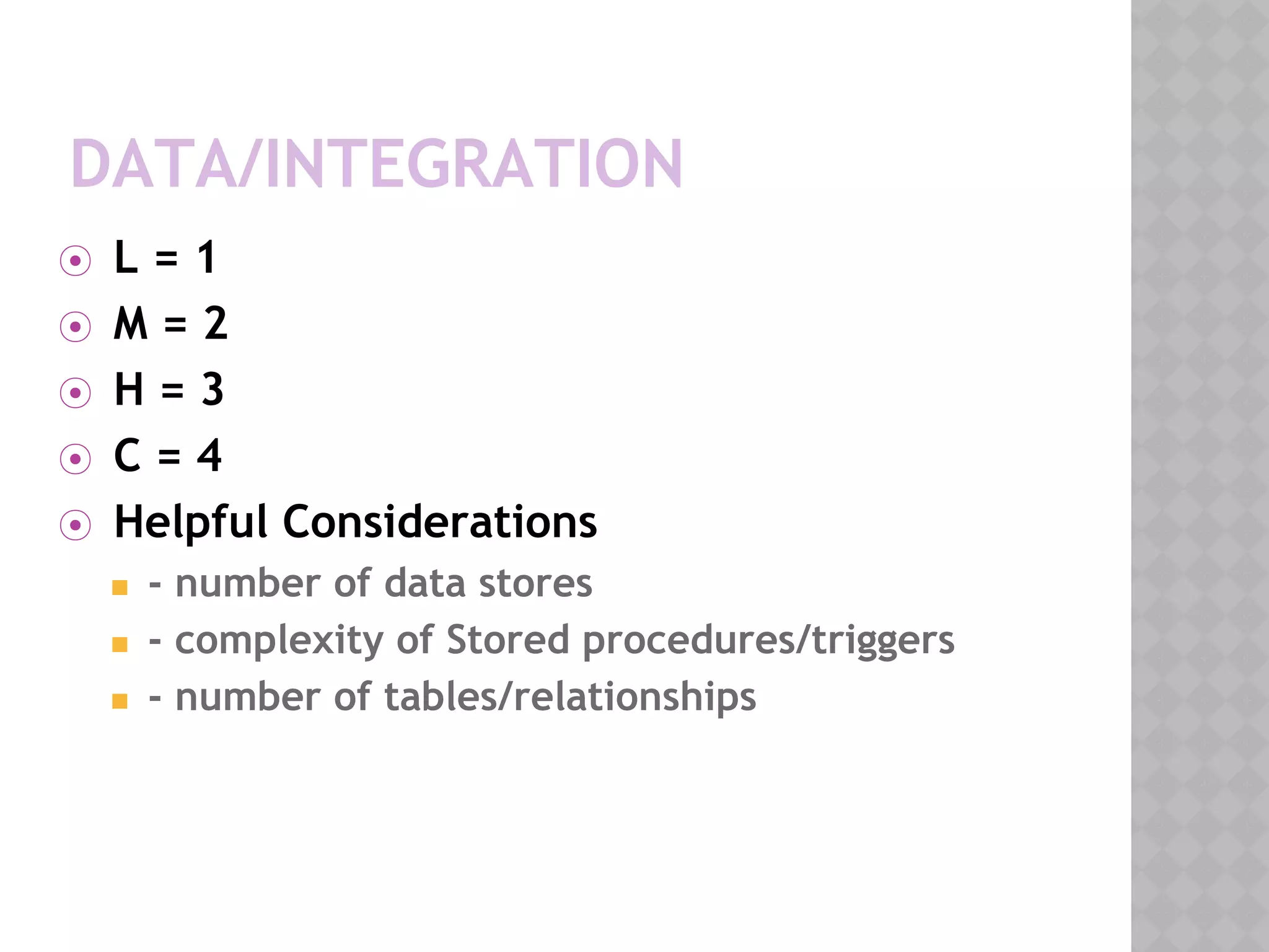 DATA/INTEGRATION
⦿ L = 1
⦿ M = 2
⦿ H = 3
⦿ C = 4
⦿ Helpful Considerations
◼ - number of data stores
◼ - complexity of Stored procedures/triggers
◼ - number of tables/relationships
 