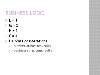 BUSINESS LOGIC
⦿ L = 1
⦿ M = 2
⦿ H = 3
⦿ C = 4
⦿ Helpful Considerations
◼ - number of business rules?
◼ - business rules complexity
 