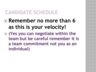 CANDIDATE SCHEDULE
⦿ Remember no more than 6
as this is your velocity!
⦿ (Yes you can negotiate within the
team but be careful remember it is
a team commitment not you as an
individual)
 