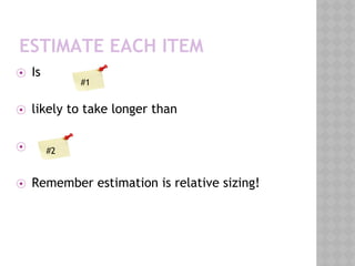 ESTIMATE EACH ITEM
⦿ Is
⦿ likely to take longer than
⦿ ?
⦿ Remember estimation is relative sizing!
#1
#2
 