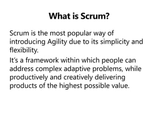 What is Scrum? 
Scrum is the most popular way of introducing Agility due to its simplicity and flexibility. 
It’s a framework within which people can address complex adaptive problems, while productively and creatively delivering products of the highest possible value.  
