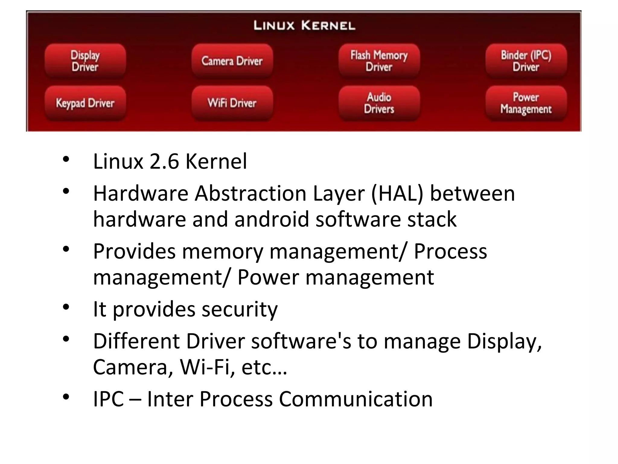• Linux 2.6 Kernel
• Hardware Abstraction Layer (HAL) between
hardware and android software stack
• Provides memory management/ Process
management/ Power management
• It provides security
• Different Driver software's to manage Display,
Camera, Wi-Fi, etc…
• IPC – Inter Process Communication
 