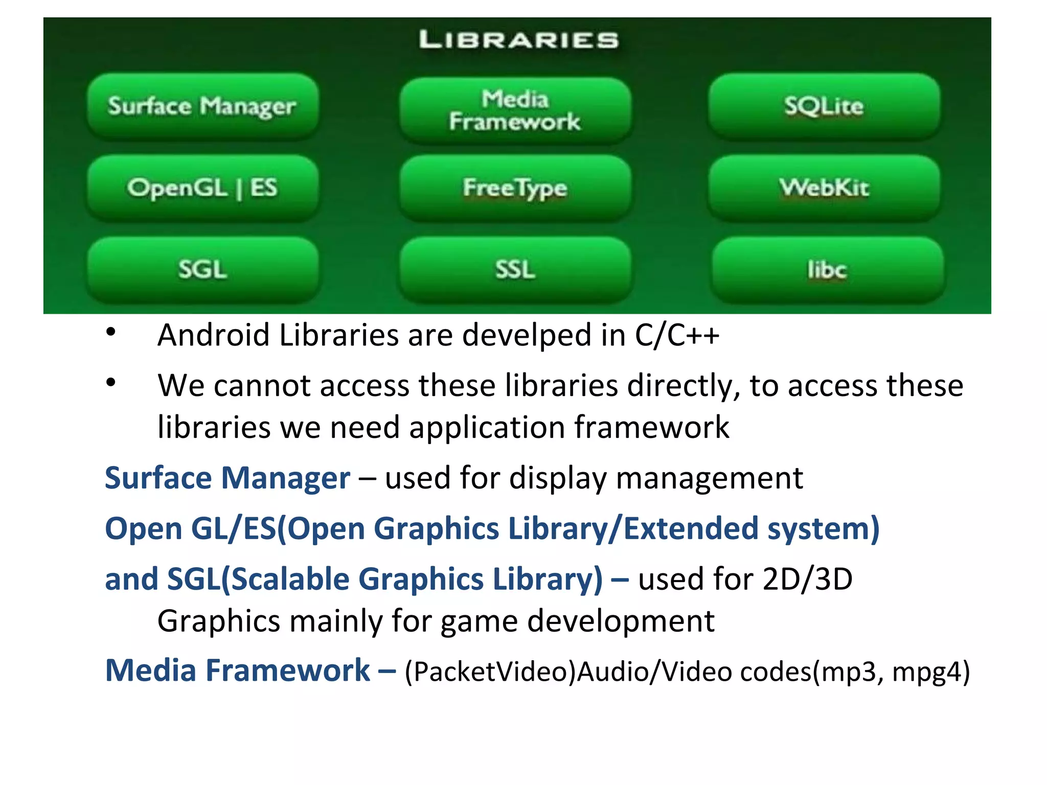 • Android Libraries are develped in C/C++
• We cannot access these libraries directly, to access these
libraries we need application framework
Surface Manager – used for display management
Open GL/ES(Open Graphics Library/Extended system)
and SGL(Scalable Graphics Library) – used for 2D/3D
Graphics mainly for game development
Media Framework – (PacketVideo)Audio/Video codes(mp3, mpg4)
 