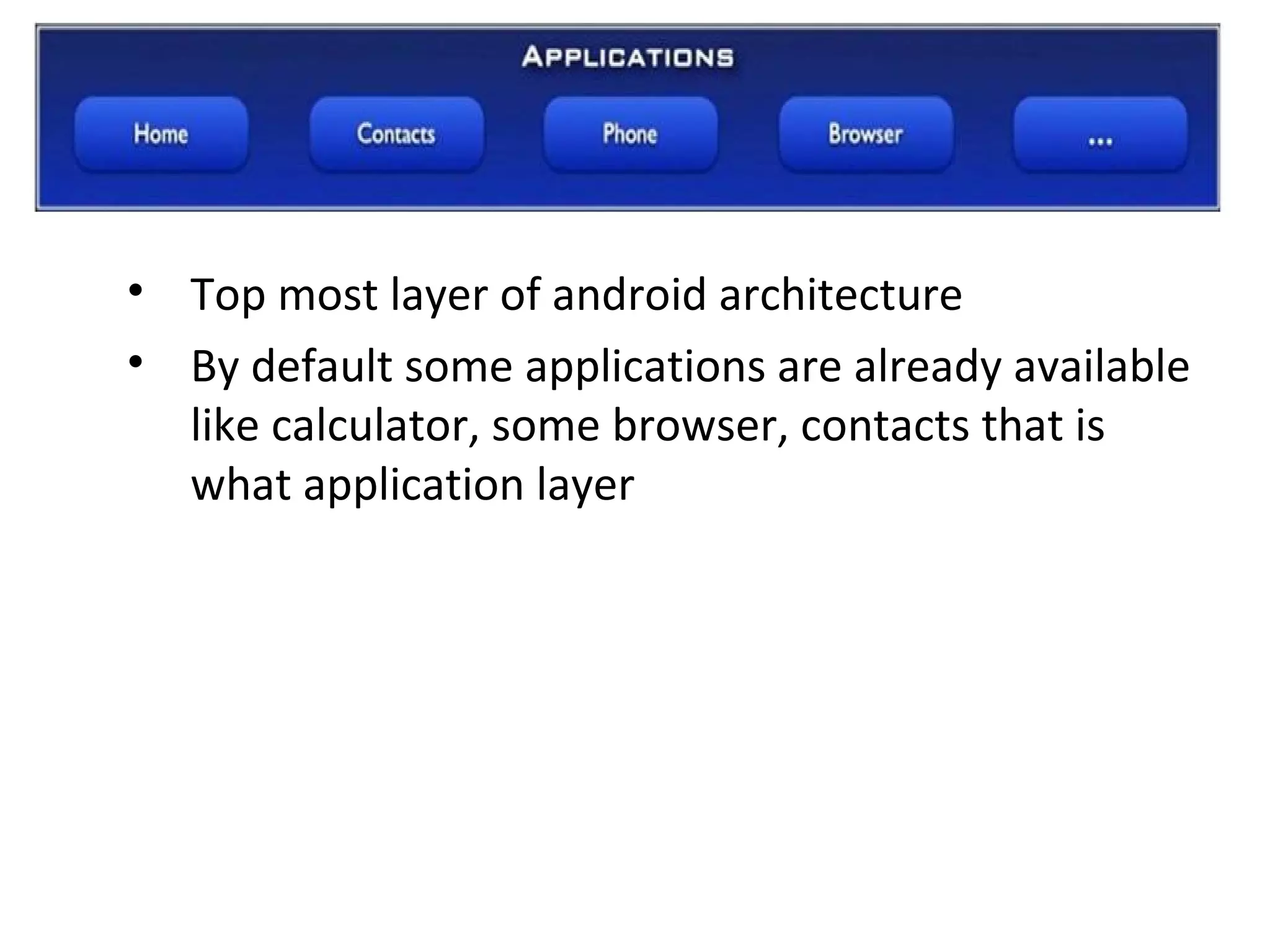 • Top most layer of android architecture
• By default some applications are already available
like calculator, some browser, contacts that is
what application layer
 