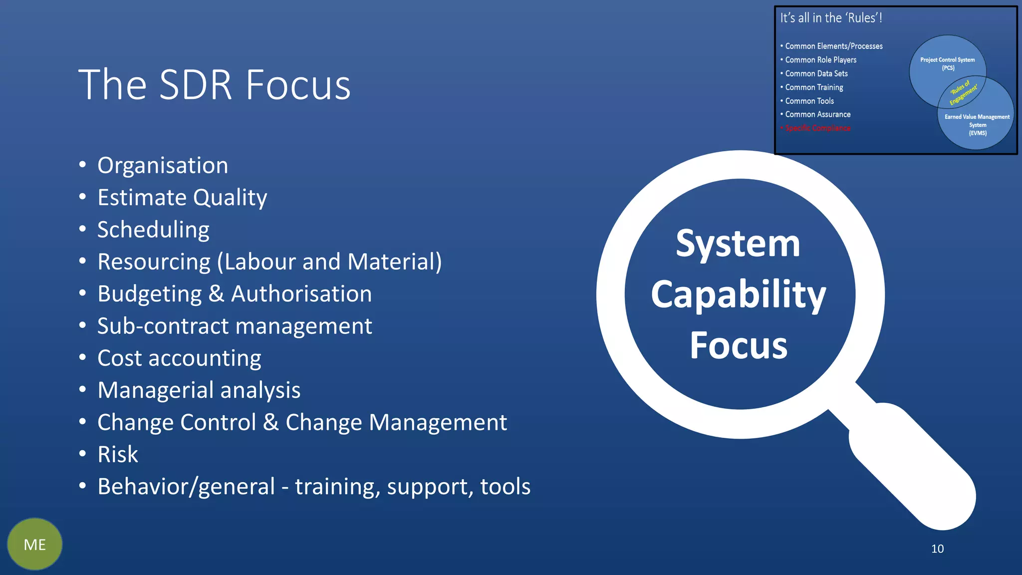 The SDR Focus
• Organisation
• Estimate Quality
• Scheduling
• Resourcing (Labour and Material)
• Budgeting & Authorisation
• Sub-contract management
• Cost accounting
• Managerial analysis
• Change Control & Change Management
• Risk
• Behavior/general - training, support, tools
10
System
Capability
Focus
ME
 