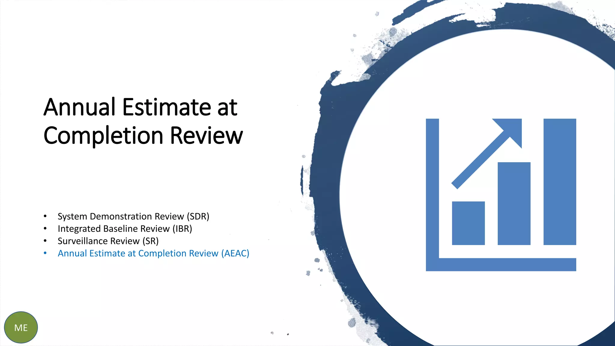 Annual Estimate at
Completion Review
21ME
• System Demonstration Review (SDR)
• Integrated Baseline Review (IBR)
• Surveillance Review (SR)
• Annual Estimate at Completion Review (AEAC)
 
