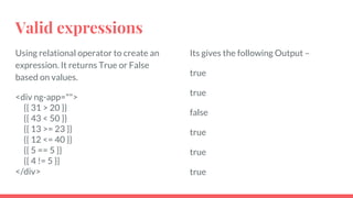 Valid expressions
Using relational operator to create an
expression. It returns True or False
based on values.
<div ng-app="">
{{ 31 > 20 }}
{{ 43 < 50 }}
{{ 13 >= 23 }}
{{ 12 <= 40 }}
{{ 5 == 5 }}
{{ 4 != 5 }}
</div>
Its gives the following Output –
true
true
false
true
true
true
 
