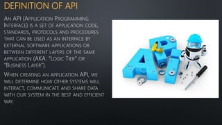 DEFINITION OF API
AN API (APPLICATION PROGRAMMING
INTERFACE) IS A SET OF APPLICATION CODE,
STANDARDS, PROTOCOLS AND PROCEDURES
THAT CAN BE USED AS AN INTERFACE BY
EXTERNAL SOFTWARE APPLICATIONS OR
BETWEEN DIFFERENT LAYERS OF THE SAME
APPLICATION (AKA: “LOGIC TIER” OR
“BUSINESS LAYER”).
WHEN CREATING AN APPLICATION API, WE
WILL DETERMINE HOW OTHER SYSTEMS WILL
INTERACT, COMMUNICATE AND SHARE DATA
WITH OUR SYSTEM IN THE BEST AND EFFICIENT
WAY.
 