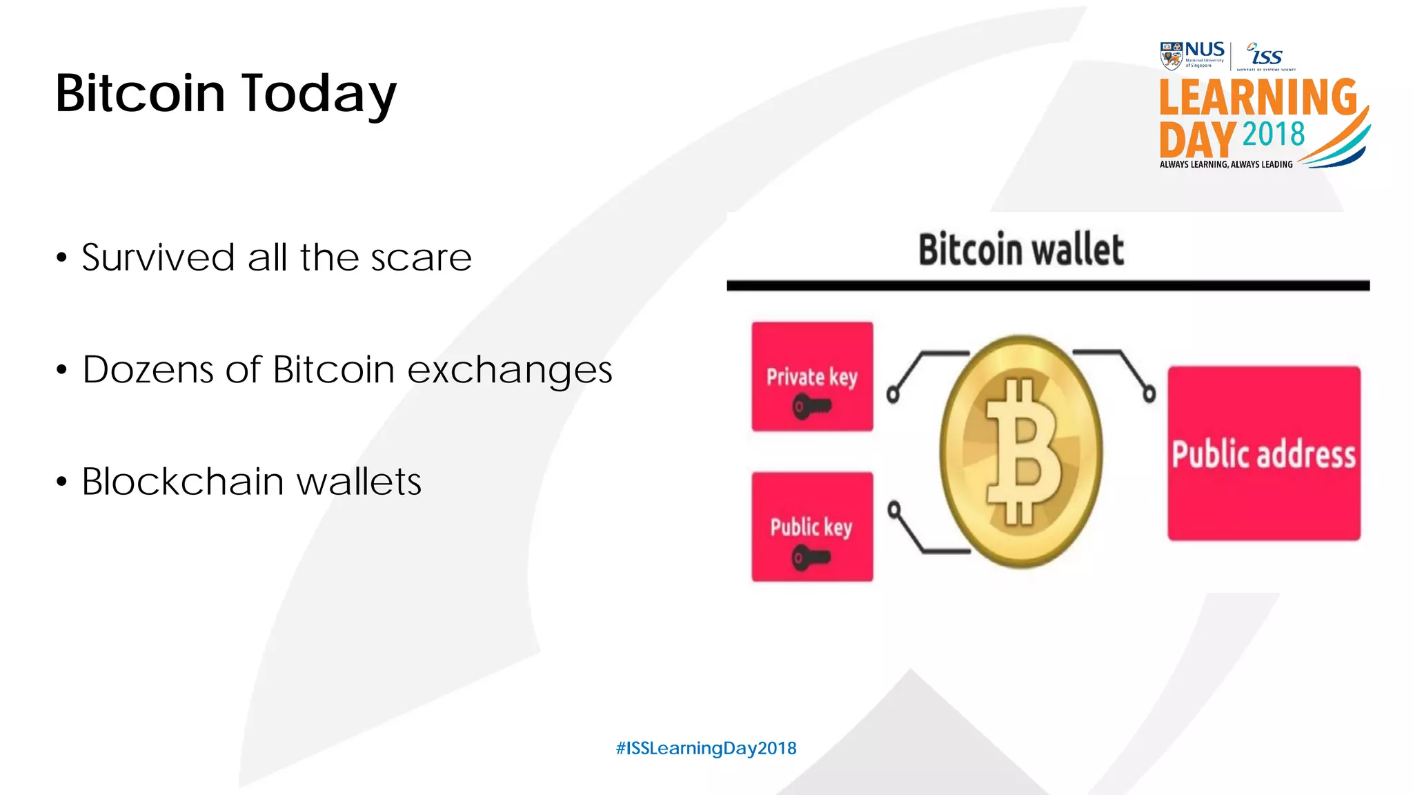 #ISSLearningDay2018
Bitcoin Today
• Survived all the scare
• Dozens of Bitcoin exchanges
• Blockchain wallets
 