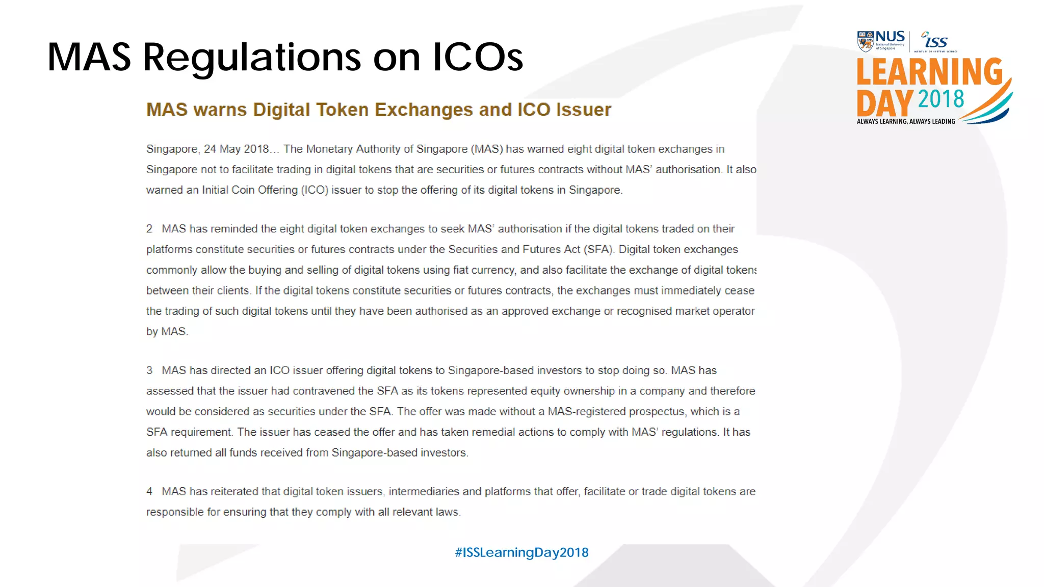 #ISSLearningDay2018
MAS Regulations on ICOs
 