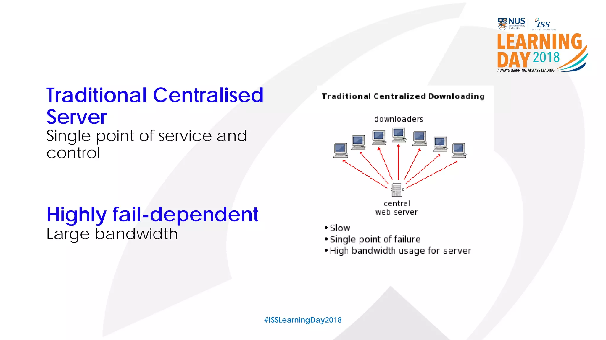Traditional Centralised
Server
Single point of service and
control
#ISSLearningDay2018
Highly fail-dependent
Large bandwidth
 