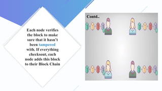 Each node verifies
the block to make
sure that it hasn’t
been tampered
with. If everything
checksout, each
node adds this block
to their Block Chain
Contd..
 