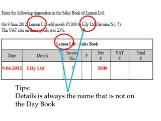 9.06.2012 Lily Ltd

5

5000

Tips:
Details is always the name that is not on
the Day Book

 