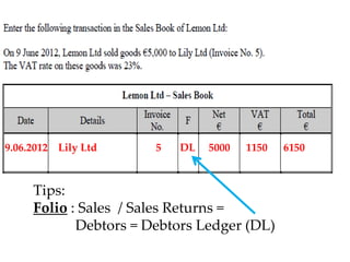 9.06.2012 Lily Ltd

5

DL

5000

1150

Tips:
Folio : Sales / Sales Returns =
Debtors = Debtors Ledger (DL)

6150

 