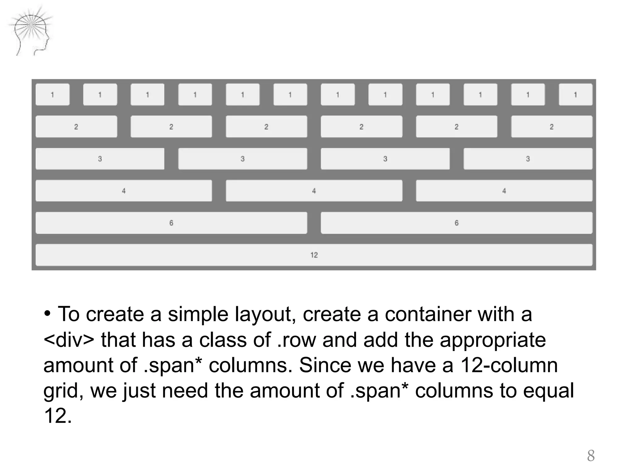 • To create a simple layout, create a container with a
<div> that has a class of .row and add the appropriate
amount of .span* columns. Since we have a 12-column
grid, we just need the amount of .span* columns to equal
12.
8
 