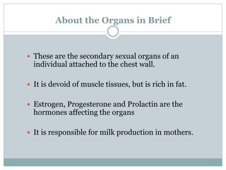About the Organs in Brief
 These are the secondary sexual organs of an
individual attached to the chest wall.
 It is devoid of muscle tissues, but is rich in fat.
 Estrogen, Progesterone and Prolactin are the
hormones affecting the organs
 It is responsible for milk production in mothers.
 