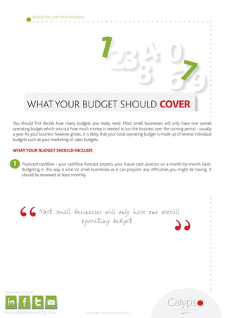 BUDGETING FOR YOUR BUSINESS




                                                                                                                                                                                                               123 4 0
                                                                                                                                                                                                                  8 679
                                                                                                              WHAT YOUR BUDGET SHOULD COVER
                                             You should first decide how many budgets you really need. Most small businesses will only have one overall
                                             operating budget which sets out how much money is needed to run the business over the coming period - usually
                                             a year. As your business however grows, it is likely that your total operating budget is made up of several individual
                                             budgets such as your marketing or sales budgets.

                                             WHAT YOUR BUDGET SHOULD INCLUDE


                                             1	                                        Projected cashflow - your cashflow forecast projects your future cash position on a month-by-month basis.
                                                                                       Budgeting in this way is vital for small businesses as it can pinpoint any difficulties you might be having. It
                                                                                       should be reviewed at least monthly.




                                                                                                                                                        Most small businesses will only have one overall
                                                                                                                                                                      operating budget .




     Share this E-book

http://www.linkedin.com/company/calypso-professional-accountants   http://www.facebook.com/pages/Calypso-Accounting/215286755238093
                                                                                                                                      https://twitter.com/SMEAccounting   luan@calypsoaccounting.co.za




  www.calypsoaccounting.co.za                                                                                                                                                                            ©Copyright Calypso Accounting 2012
 