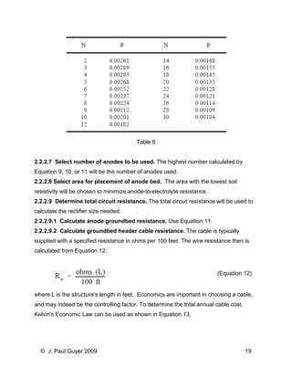 Table 6 
2.2.2.7 Select number of anodes to be used. The highest number calculated by Equation 9, 10, or 11 will be the number of anodes used. 
2.2.2.8 Select area for placement of anode bed. The area with the lowest soil resistivity will be chosen to minimize anode-to-electrolyte resistance. 
2.2.2.9 Determine total circuit resistance. The total circuit resistance will be used to calculate the rectifier size needed. 
2.2.2.9.1 Calculate anode groundbed resistance. Use Equation 11. 
2.2.2.9.2 Calculate groundbed header cable resistance. The cable is typically supplied with a specified resistance in ohms per 100 feet. The wire resistance then is calculated from Equation 12: 
(Equation 12) 
where L is the structure's length in feet. Economics are important in choosing a cable, and may indeed be the controlling factor. To determine the total annual cable cost, Kelvin's Economic Law can be used as shown in Equation 13. 
© J. Paul Guyer 2009 19 
 
